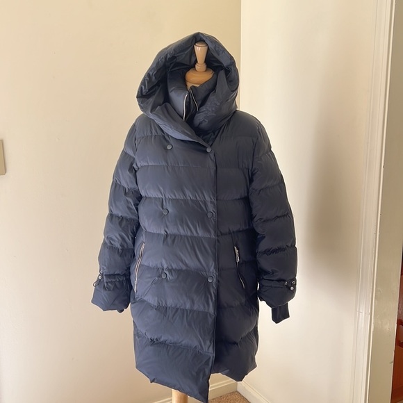 New! Zara basic navy puffer zippered and buttoned snow hoodie jacket. - Picture 1 of 15
